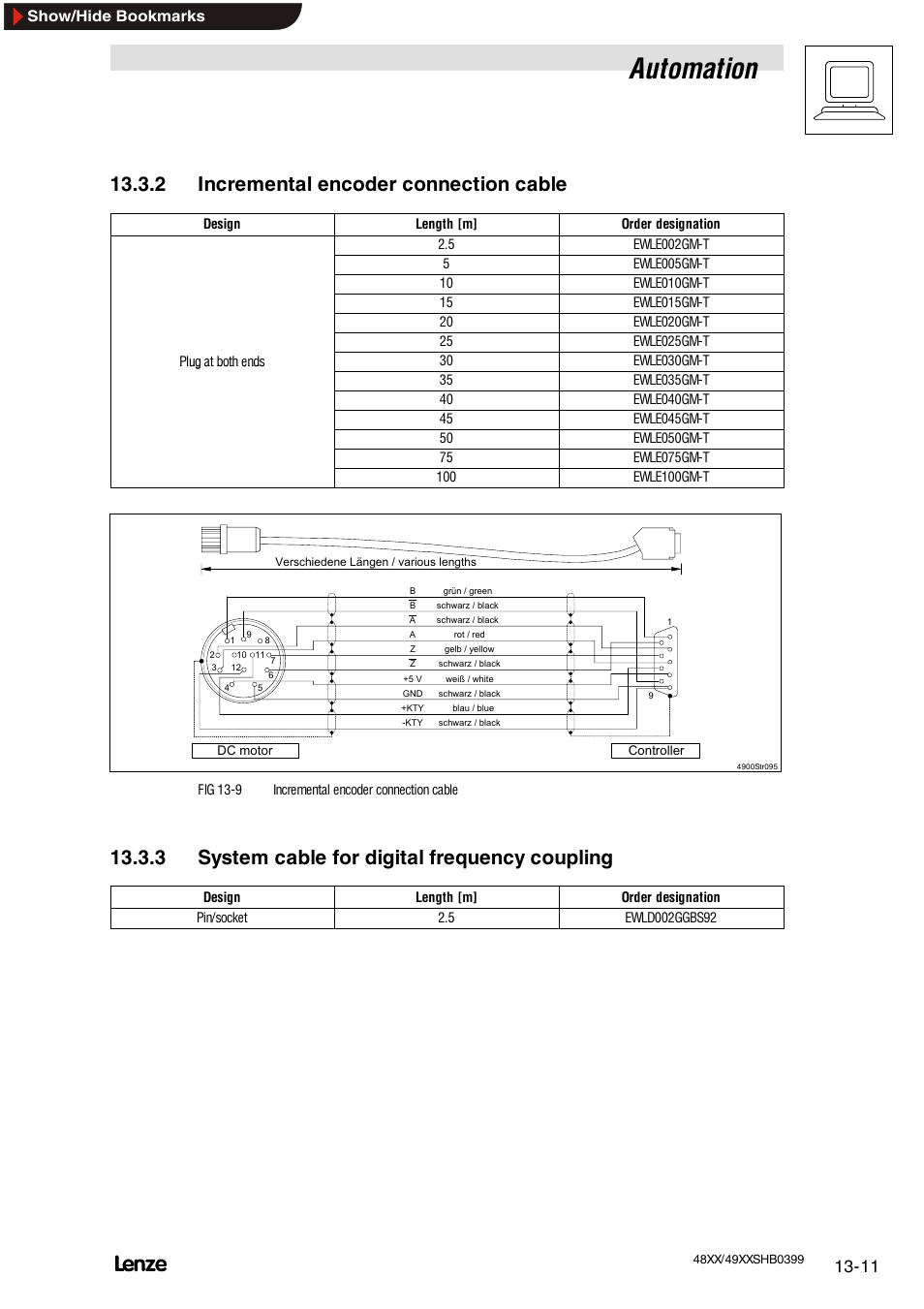 2 incremental encoder connection cable, 3 system cable for digital frequency coupling, Incremental encoder connection cable | System cable for digital frequency coupling, Automation | Lenze EDS4900U-REG User Manual | Page 281 / 342