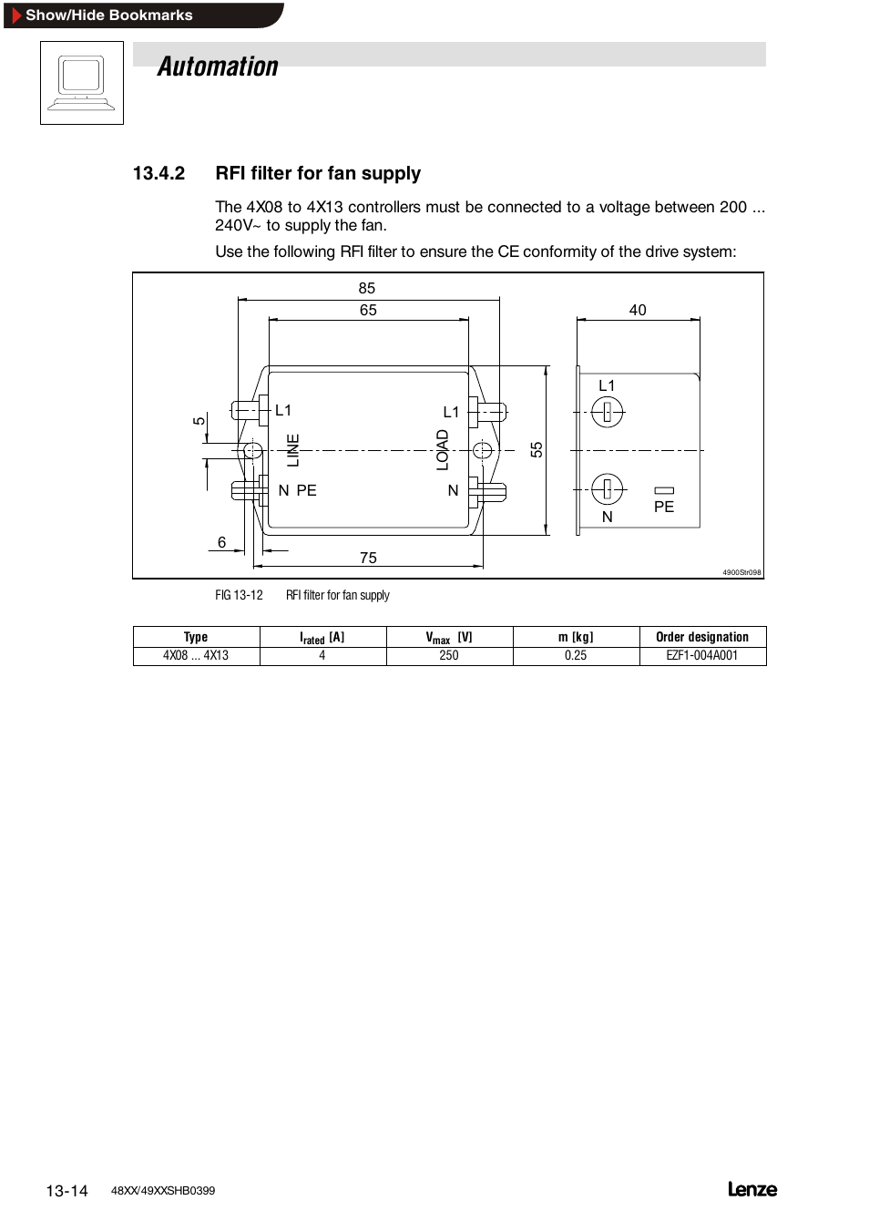 2 rfi filter for fan supply, Rfi filter for fan supply, Automation | Lenze EDS4900U-REG User Manual | Page 284 / 342