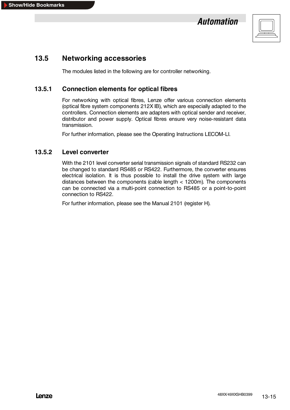 5 networking accessories, 1 connection elements for optical fibres, 2 level converter | Networking accessories, Connection elements for optical fibres, Level converter, Automation | Lenze EDS4900U-REG User Manual | Page 285 / 342