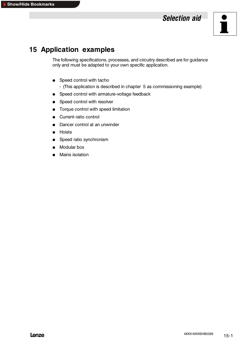 15 application examples, Application examples, Selection aid | Lenze EDS4900U-REG User Manual | Page 293 / 342