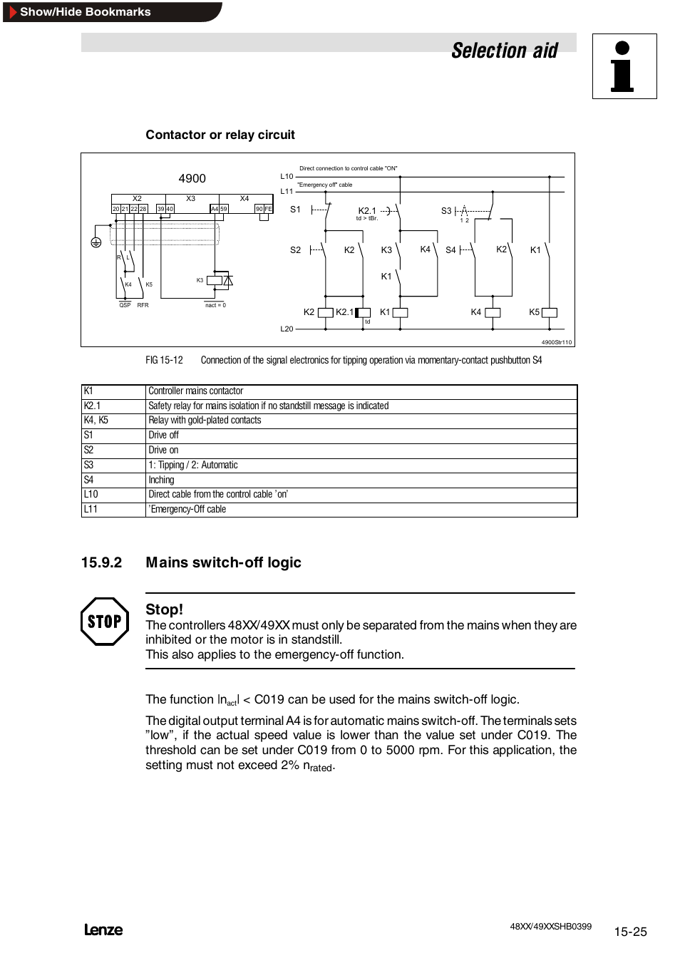 2 mains switch-off logic, Mains switch-off logic, Selection aid | 2 mains switch-off logic stop, Contactor or relay circuit | Lenze EDS4900U-REG User Manual | Page 317 / 342
