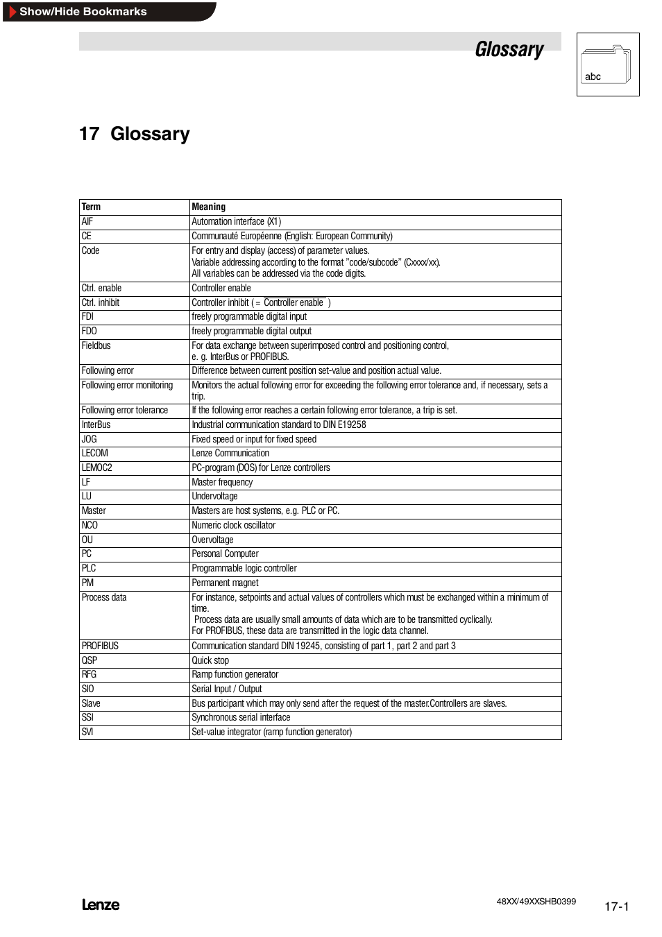 17 glossary, Glossary | Lenze EDS4900U-REG User Manual | Page 331 / 342