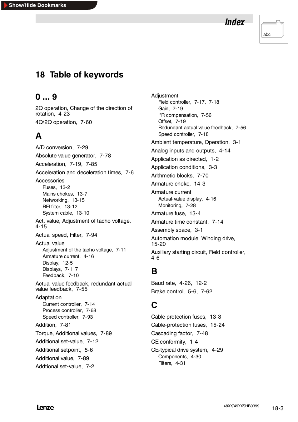 18 index, Table of keywords, Index | 18 table of keywords 0 | Lenze EDS4900U-REG User Manual | Page 333 / 342