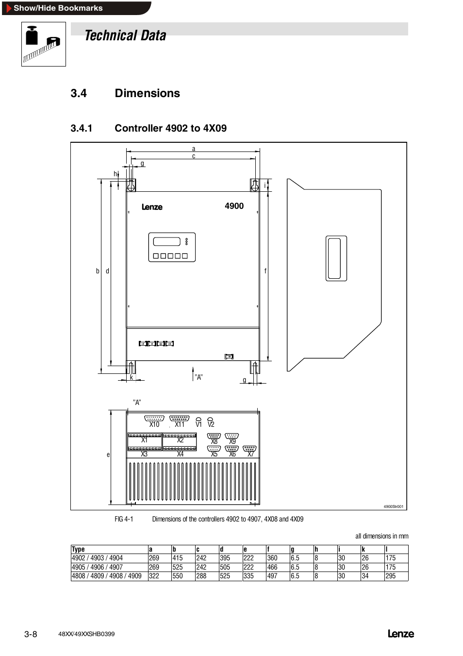 4 dimensions, 1 controller 4902 to 4x09, Dimensions | Controller 4902 to 4x09, Technical data | Lenze EDS4900U-REG User Manual | Page 36 / 342