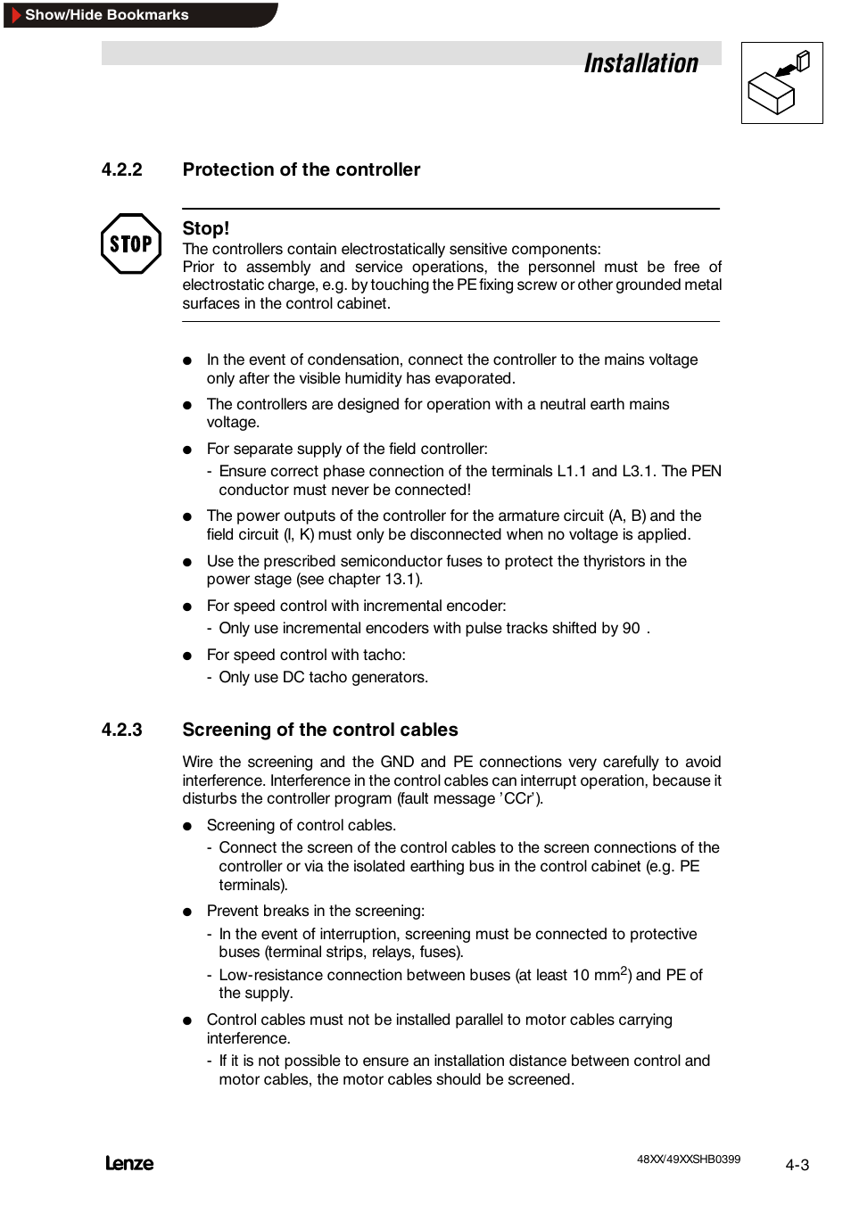 2 protection of the controller, 3 screening of the control cables, Protection of the controller | Screening of the control cables, Installation | Lenze EDS4900U-REG User Manual | Page 41 / 342