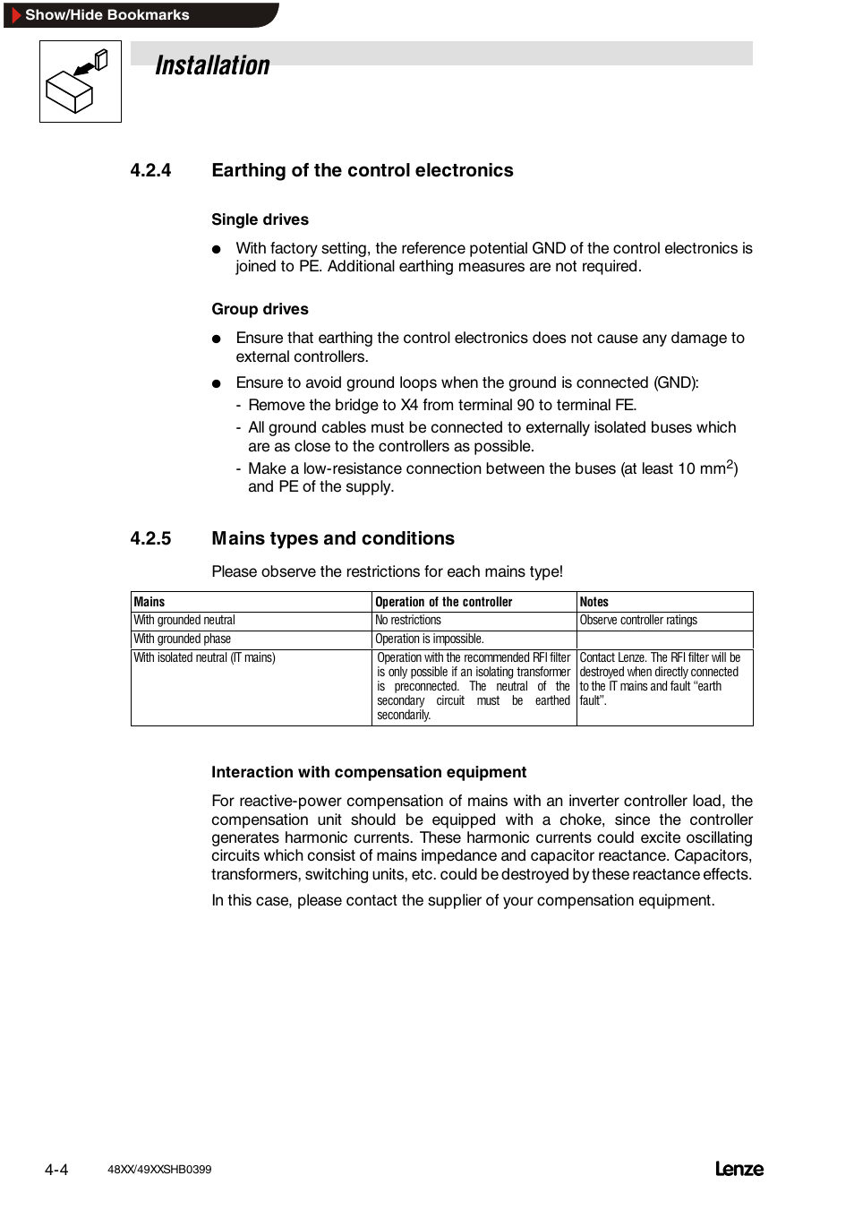 4 earthing of the control electronics, 5 mains types and conditions, Earthing of the control electronics | Mains types and conditions, Installation | Lenze EDS4900U-REG User Manual | Page 42 / 342