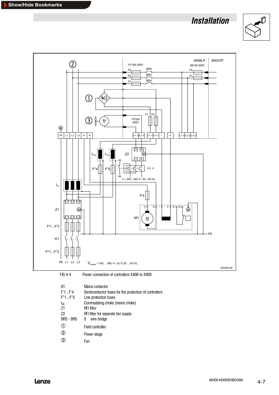 Installation, Show/hide bookmarks, Field controller | Power stage | Lenze EDS4900U-REG User Manual | Page 45 / 342