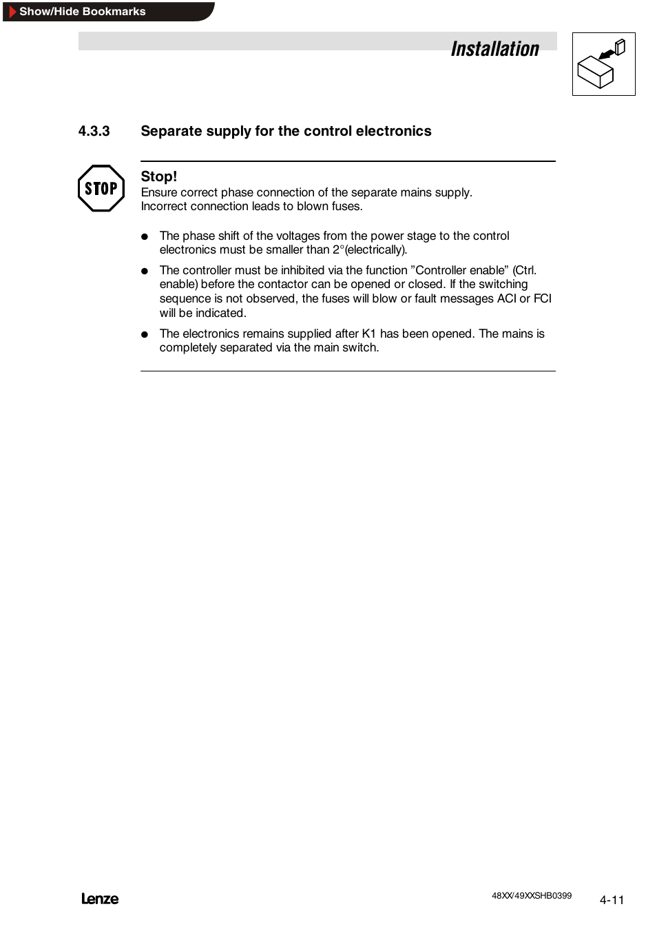 3 seperate supply for control electronics, Installation | Lenze EDS4900U-REG User Manual | Page 49 / 342