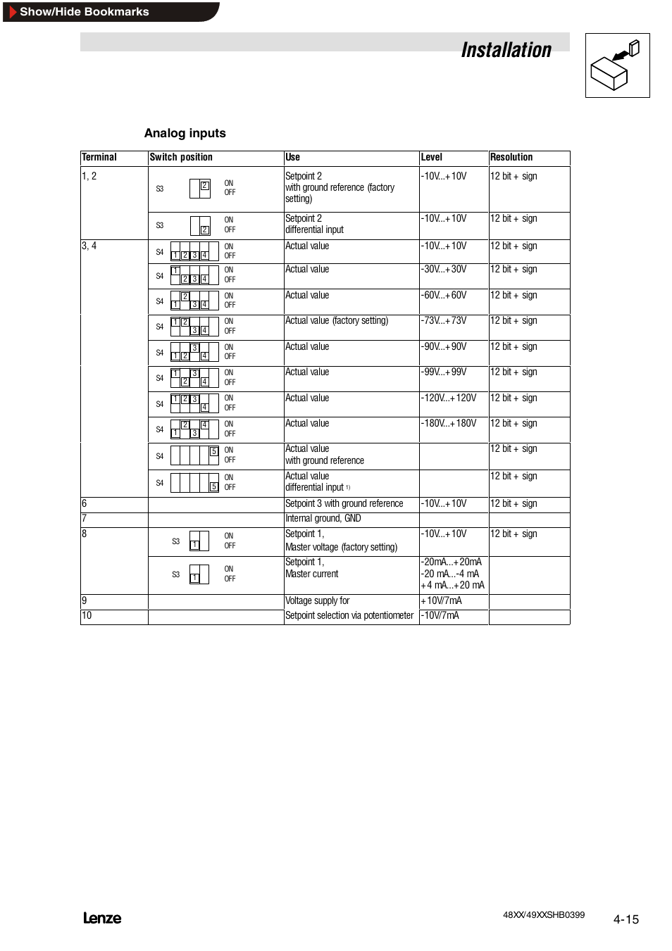 Installation, Analog inputs | Lenze EDS4900U-REG User Manual | Page 53 / 342