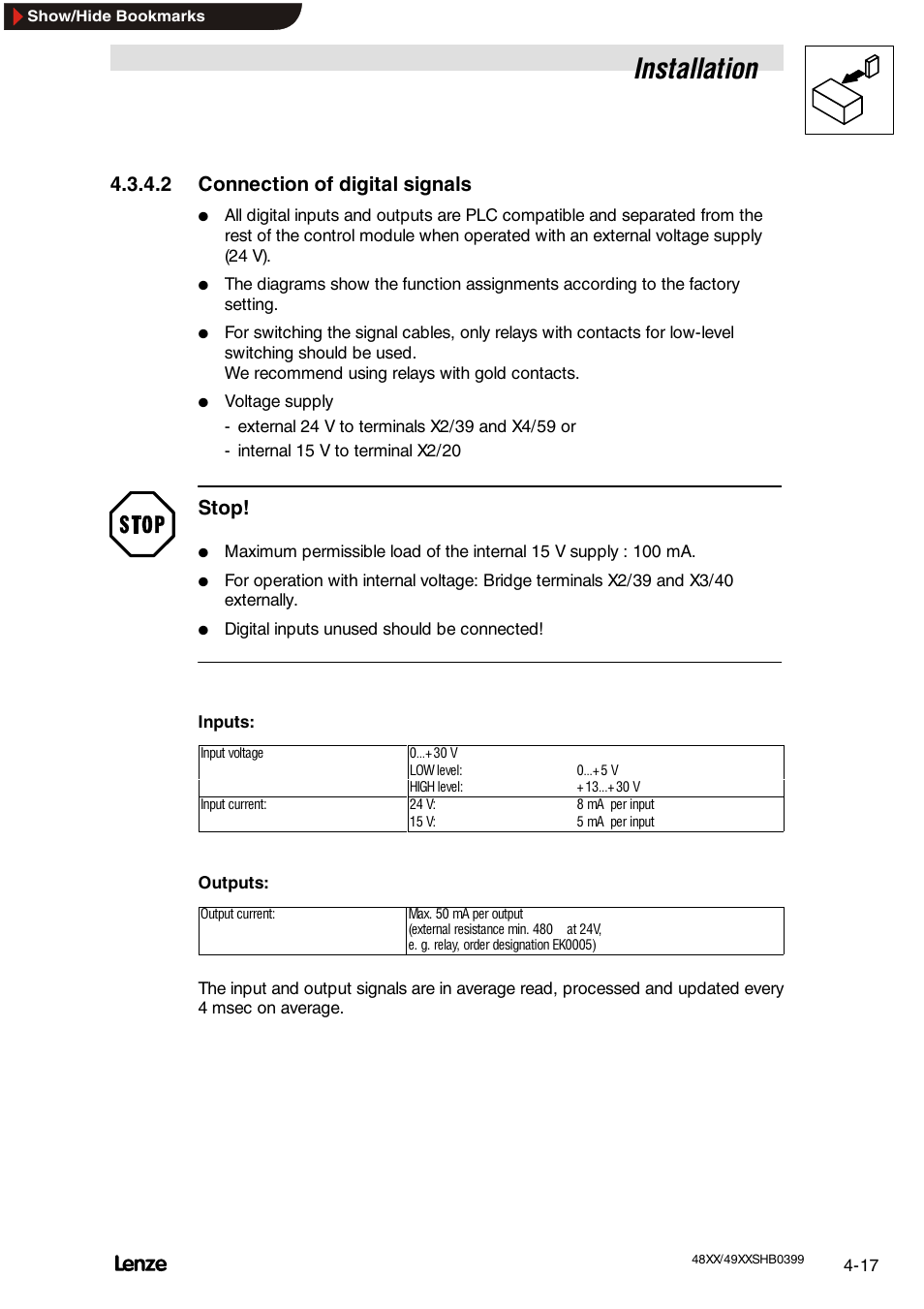 2 connection of digital signals, Installation, Stop | Lenze EDS4900U-REG User Manual | Page 55 / 342