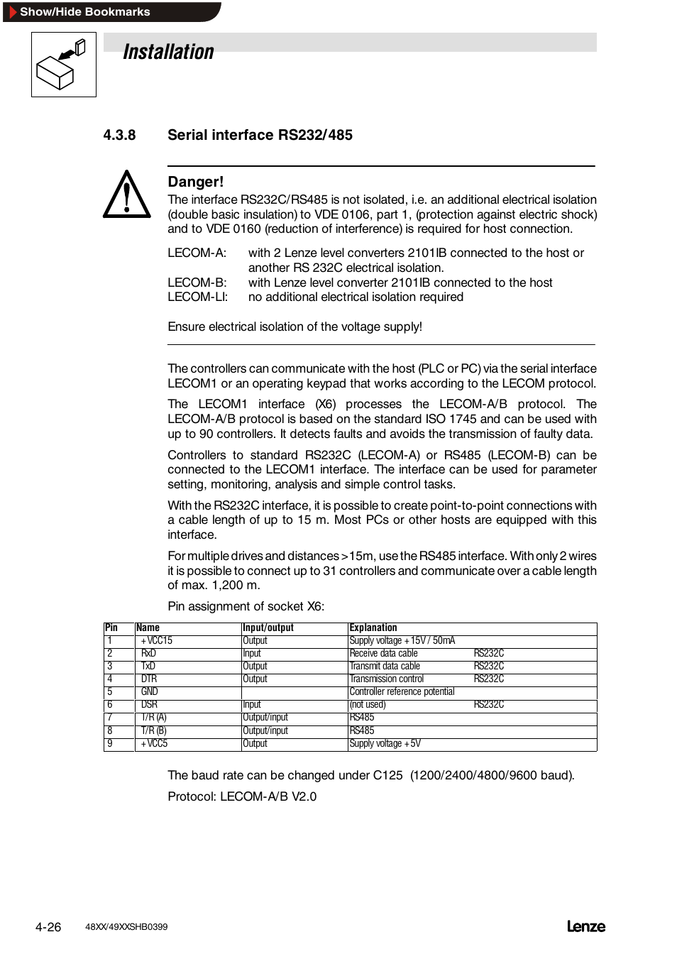 8 serial interface rs232/485, Installation | Lenze EDS4900U-REG User Manual | Page 64 / 342