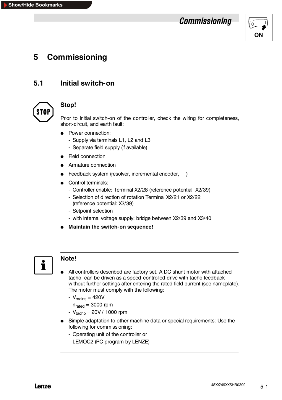 5 commissioning, 1 initial switch-on, Commissioning | 5commissioning | Lenze EDS4900U-REG User Manual | Page 77 / 342