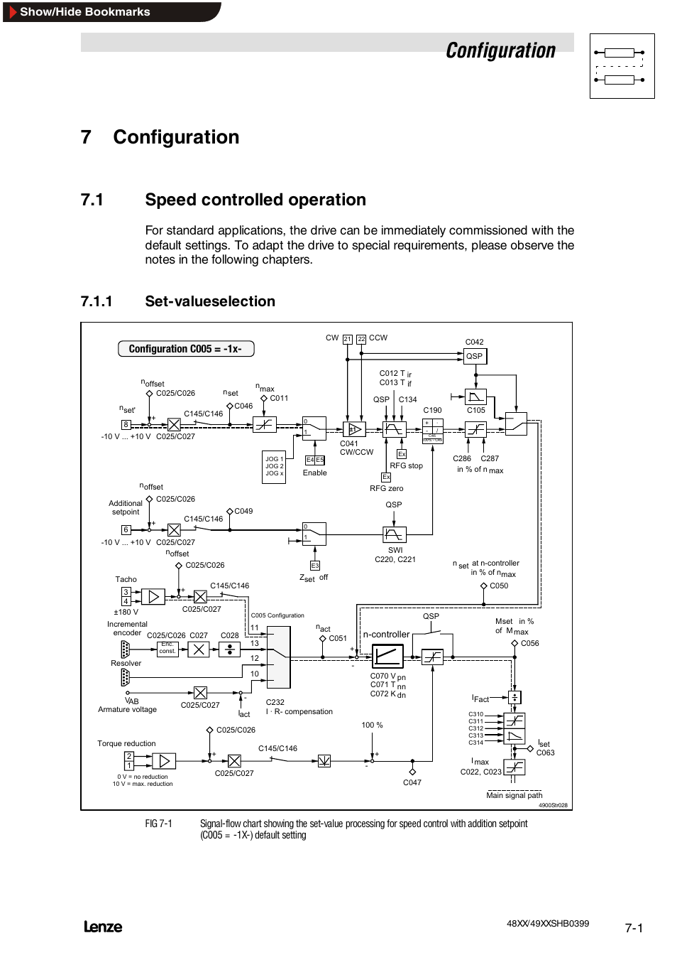 7 configuration, 1 speed-controlled operation, 1 setpoint selection | Configuration, Speed-controlled operation, Setpoint selection, 7configuration, 1 speed controlled operation, 1 set-valueselection, Show/hide bookmarks | Lenze EDS4900U-REG User Manual | Page 92 / 342