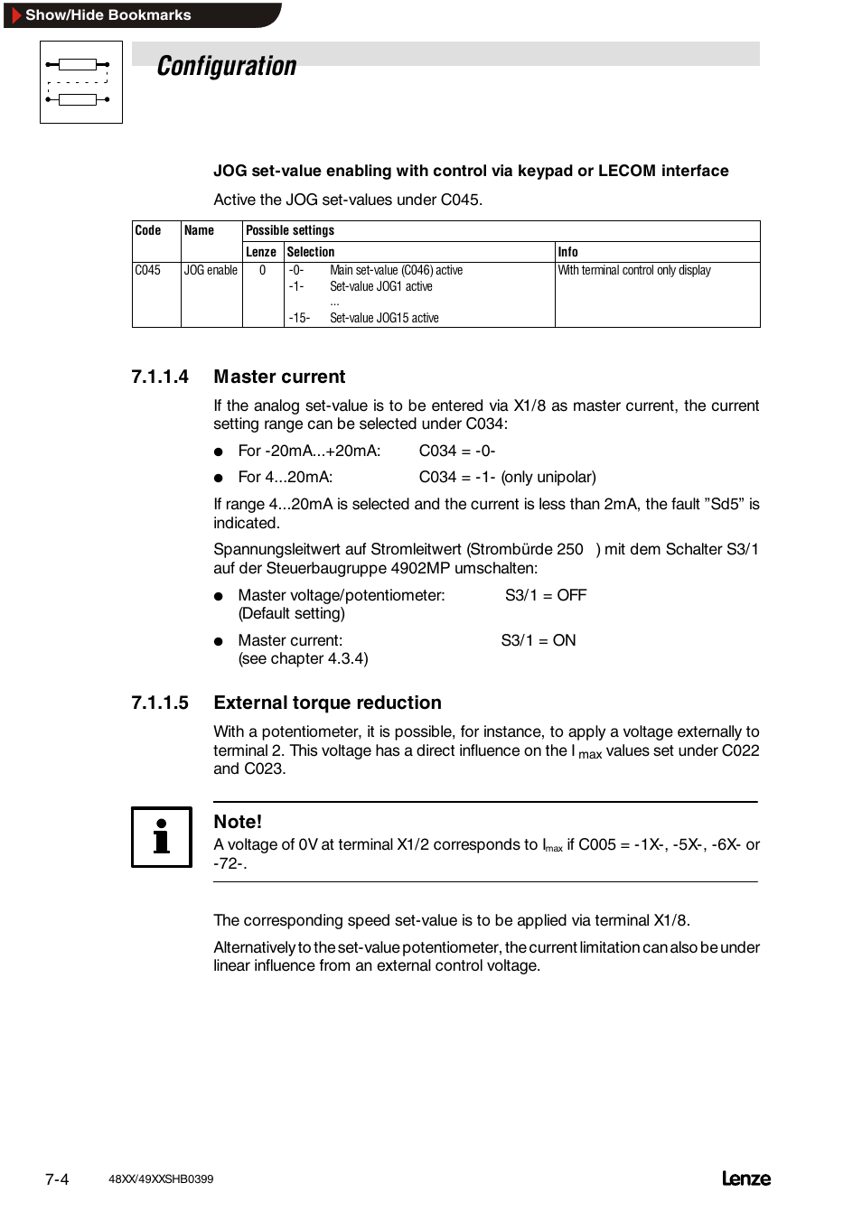 4 master current, 5 external torque reduction, Master current | External torque reduction, Configuration | Lenze EDS4900U-REG User Manual | Page 95 / 342