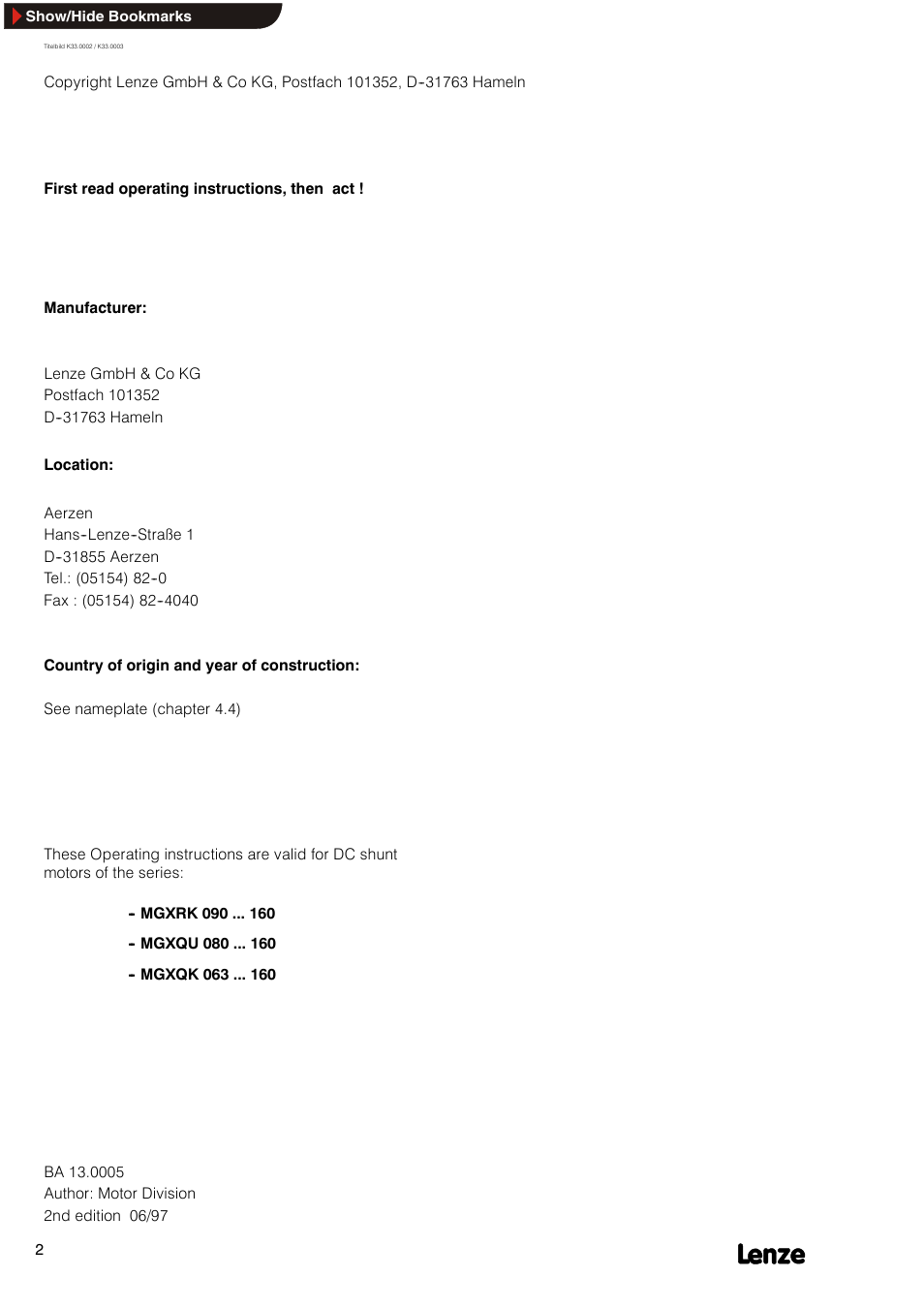 Lenze MGXQK DC motors User Manual | Page 2 / 24