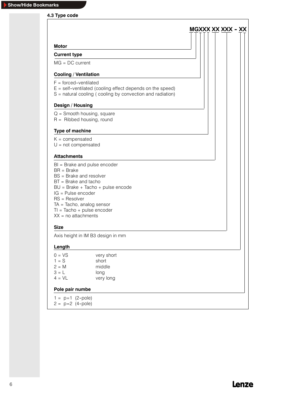 3 type code, Mgxxx xx xxx -- xx | Lenze MGXQK DC motors User Manual | Page 6 / 24