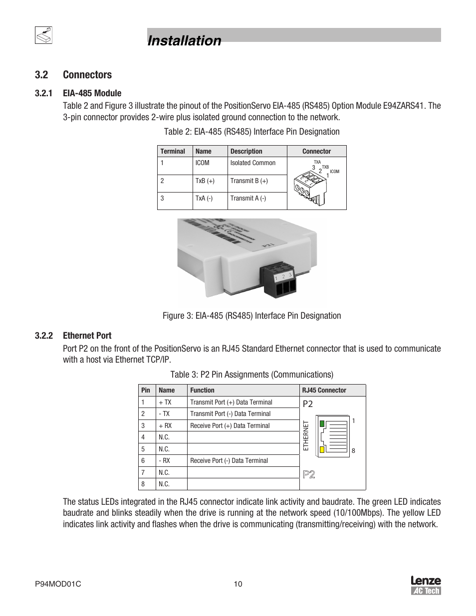 Installation, 2 connectors | Lenze E94P PositionServo Modbus User Manual | Page 10 / 38