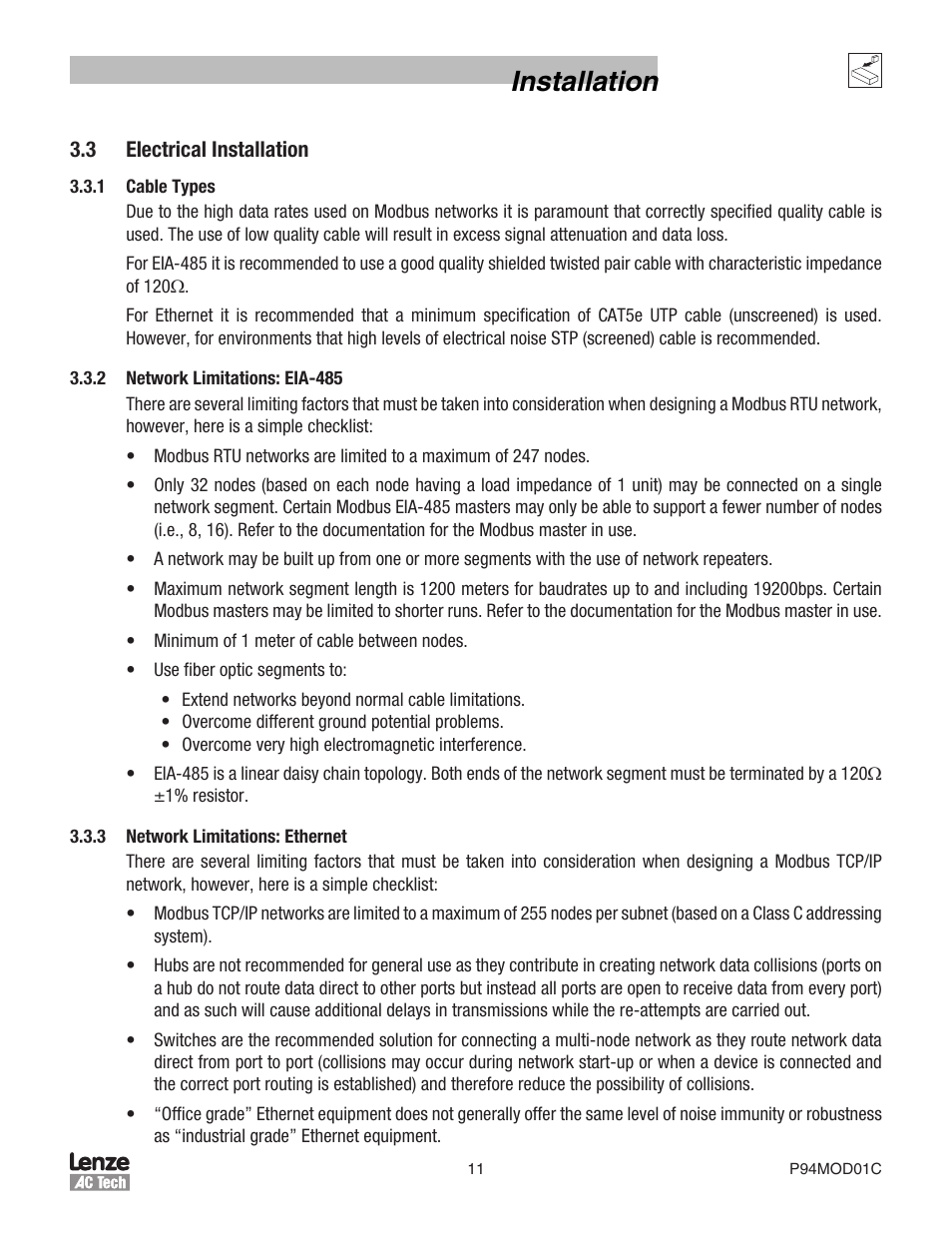 Installation | Lenze E94P PositionServo Modbus User Manual | Page 11 / 38