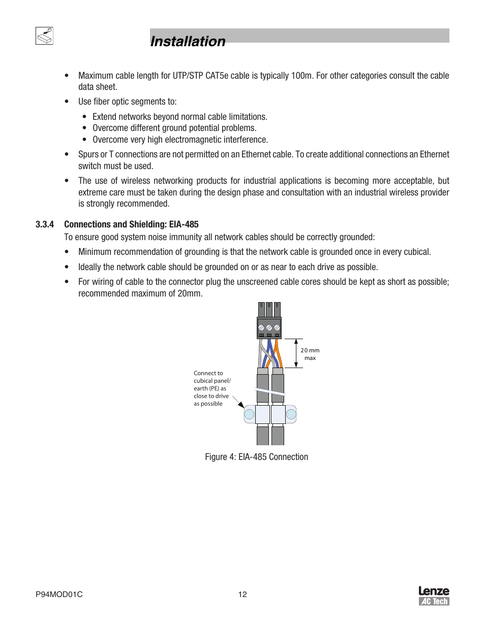 Installation | Lenze E94P PositionServo Modbus User Manual | Page 12 / 38