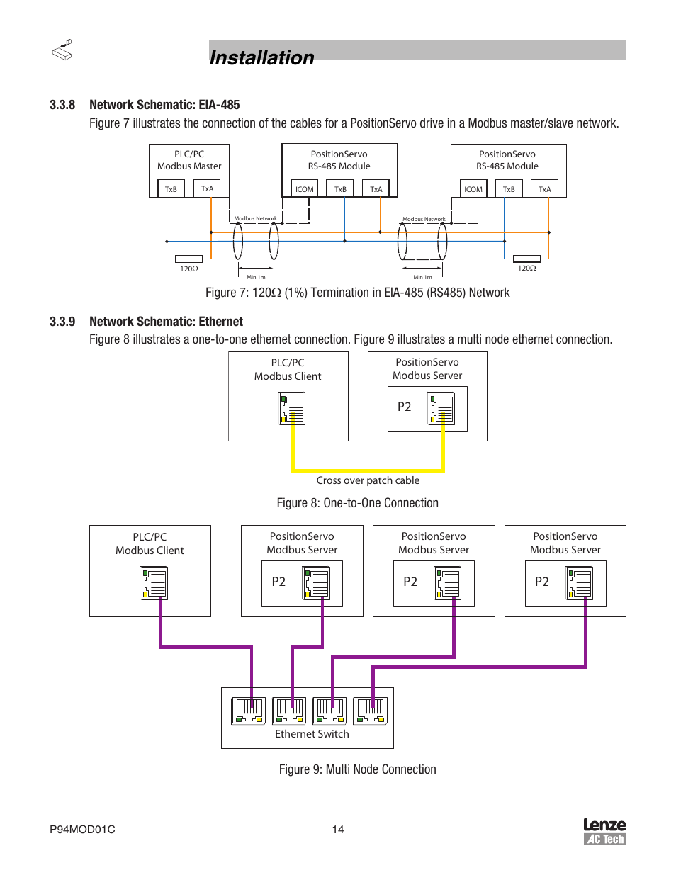 Installation, Figure 8: one-to-one connection, Figure 9: multi node connection | Lenze E94P PositionServo Modbus User Manual | Page 14 / 38