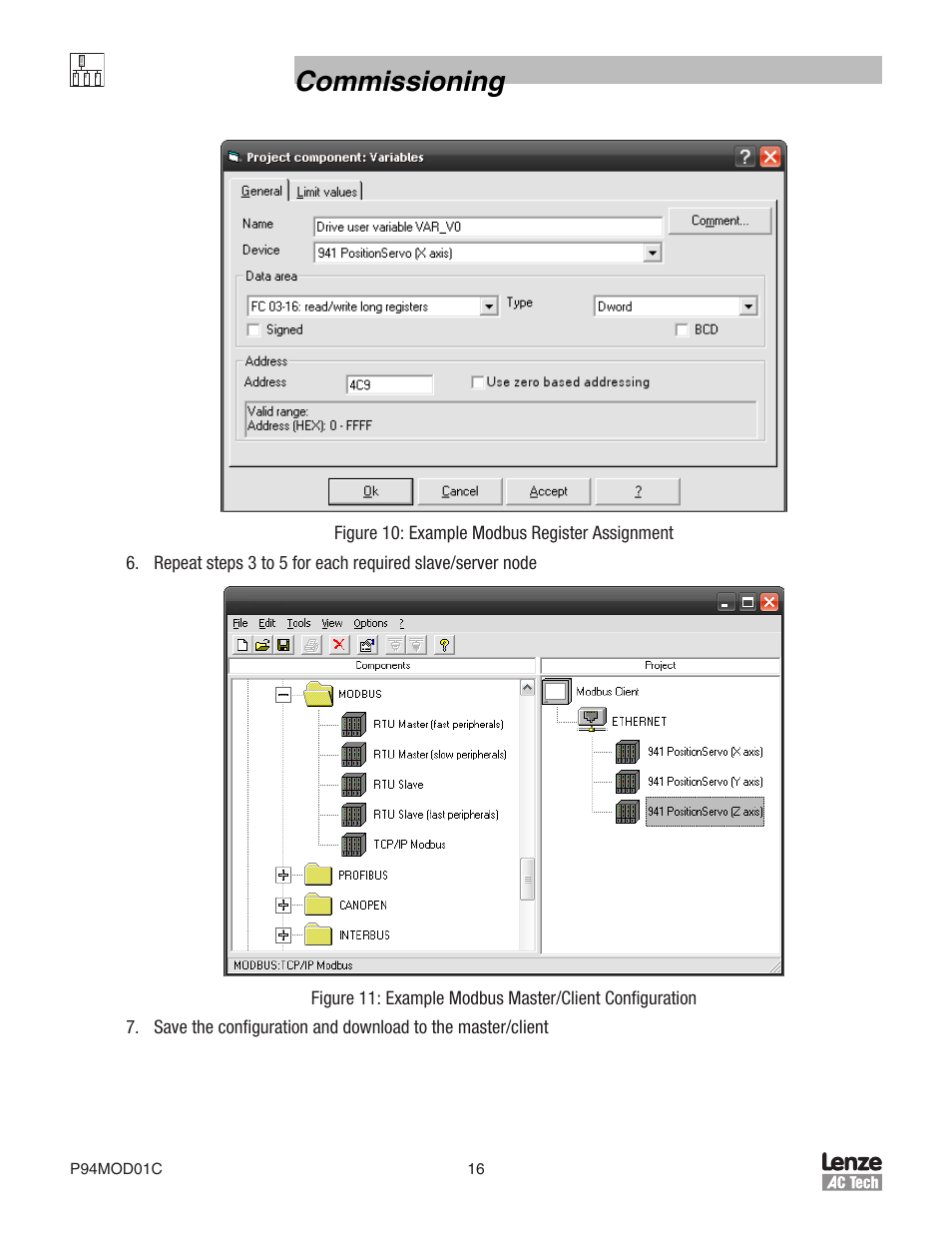 Commissioning | Lenze E94P PositionServo Modbus User Manual | Page 16 / 38