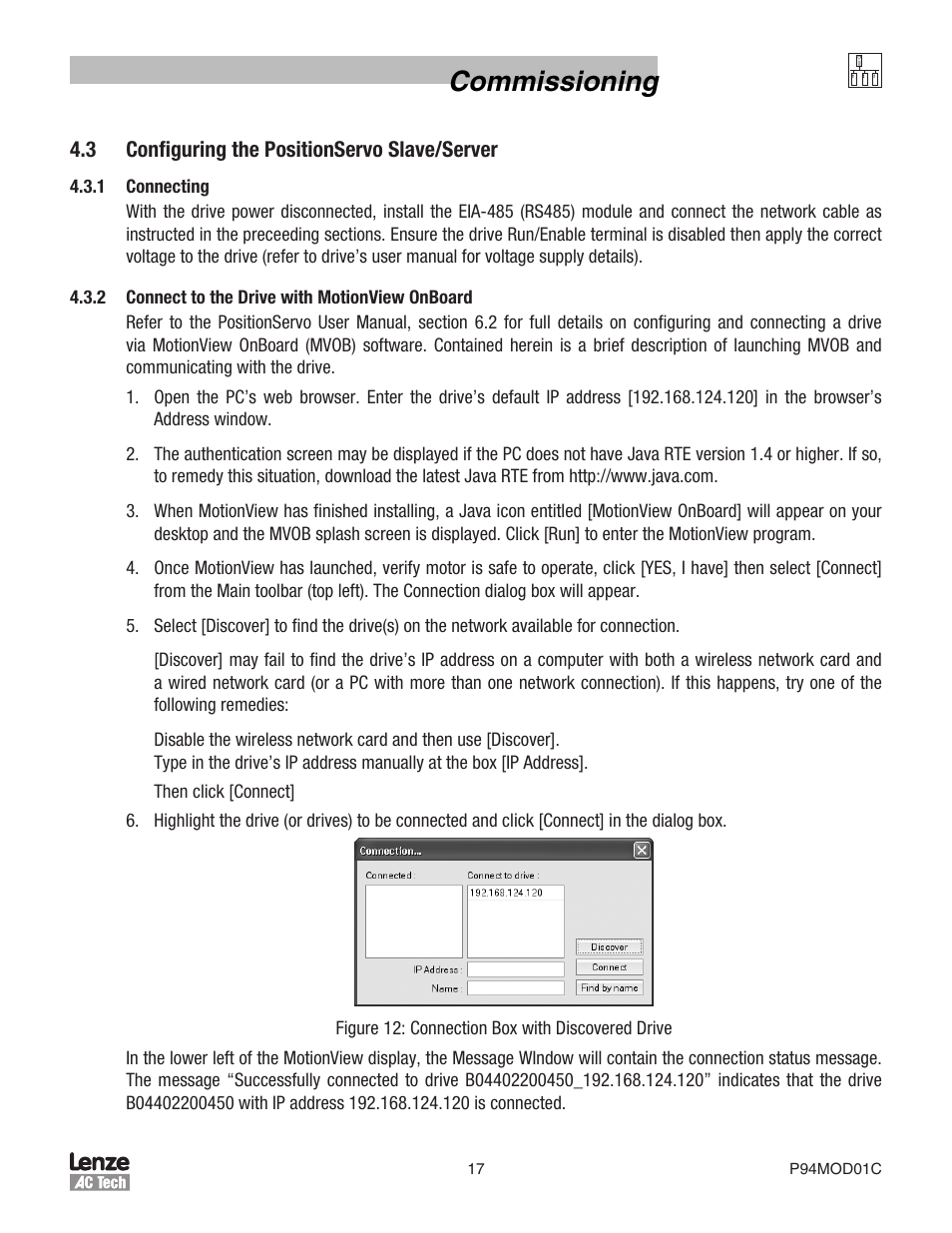 Commissioning | Lenze E94P PositionServo Modbus User Manual | Page 17 / 38
