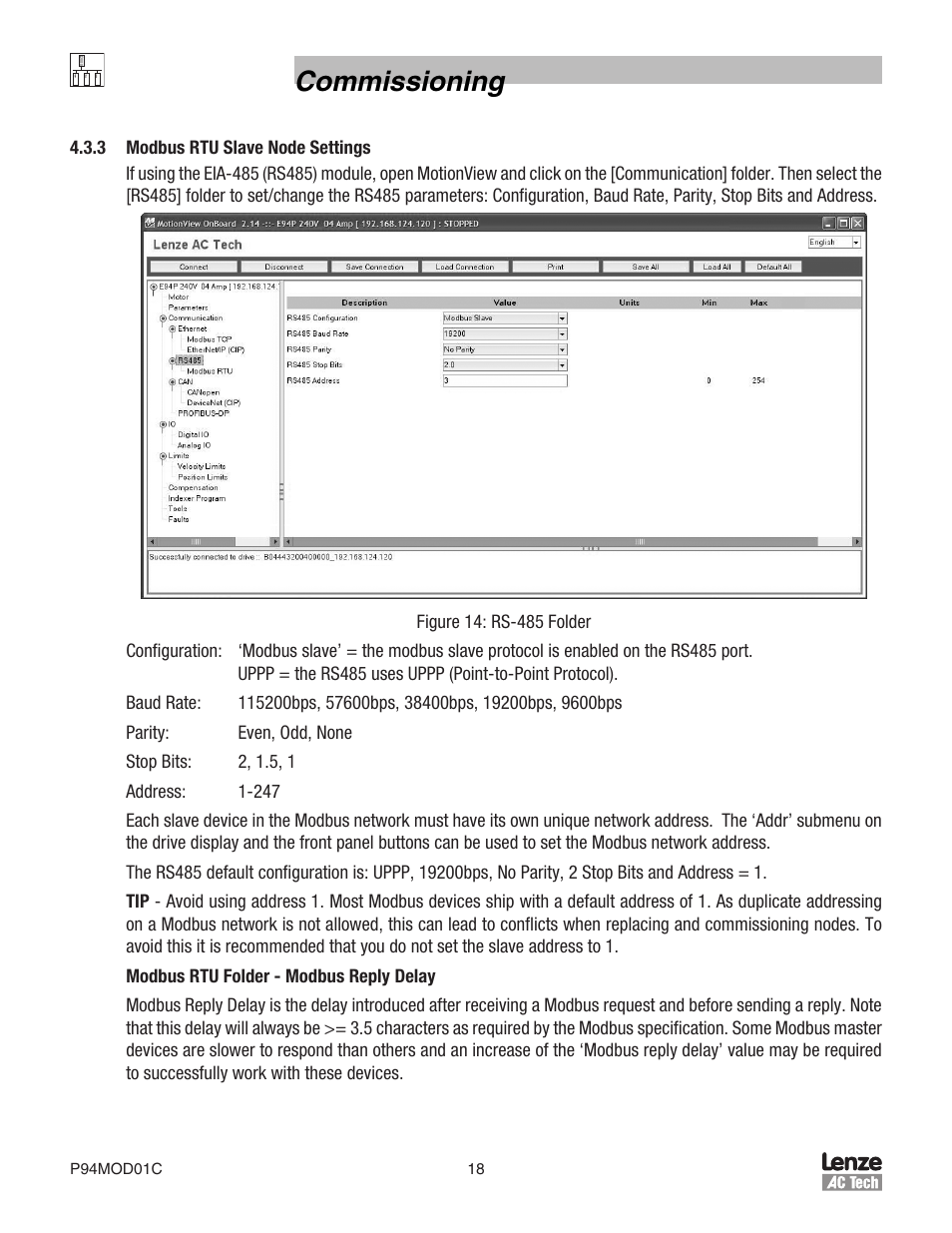 Commissioning | Lenze E94P PositionServo Modbus User Manual | Page 18 / 38