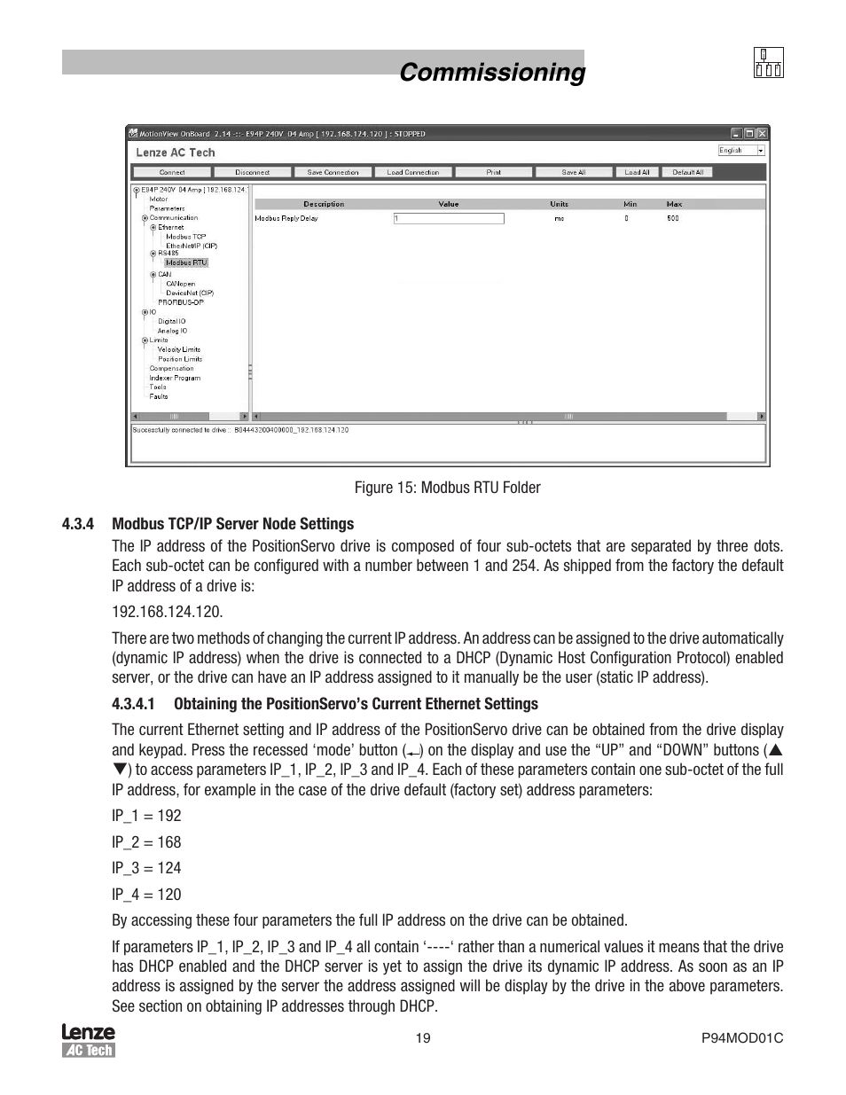 Commissioning | Lenze E94P PositionServo Modbus User Manual | Page 19 / 38