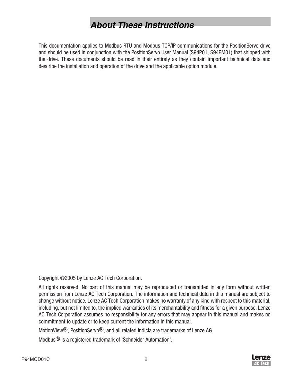 About these instructions | Lenze E94P PositionServo Modbus User Manual | Page 2 / 38