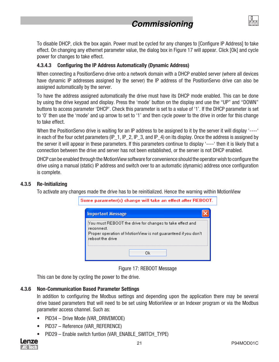 Commissioning | Lenze E94P PositionServo Modbus User Manual | Page 21 / 38