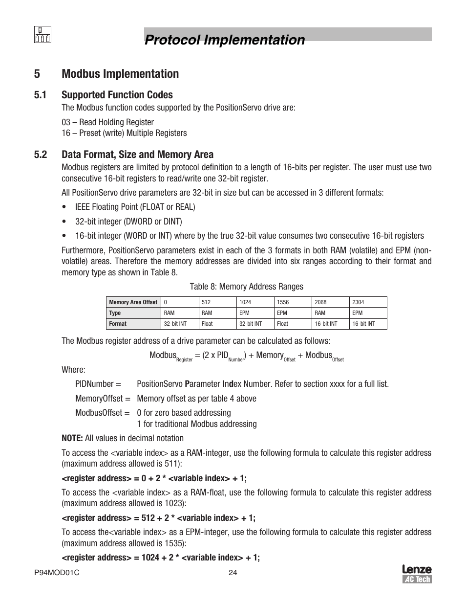 Protocol implementation, 5modbus implementation, 1 supported function codes | Lenze E94P PositionServo Modbus User Manual | Page 24 / 38