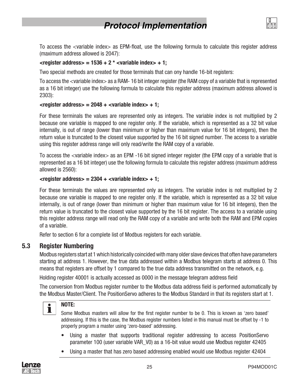 Protocol implementation | Lenze E94P PositionServo Modbus User Manual | Page 25 / 38