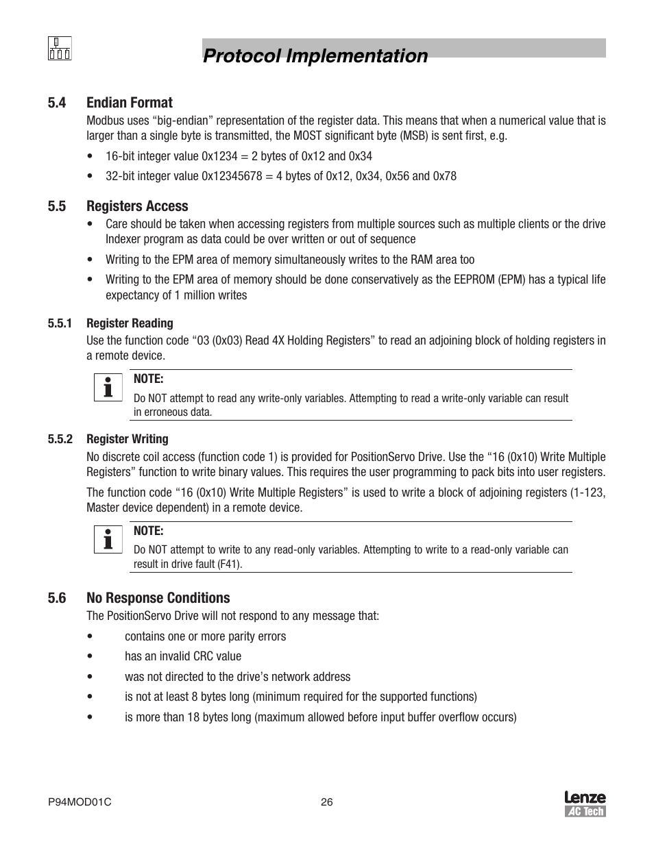 Protocol implementation | Lenze E94P PositionServo Modbus User Manual | Page 26 / 38