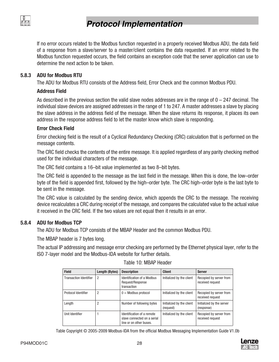 Protocol implementation | Lenze E94P PositionServo Modbus User Manual | Page 28 / 38