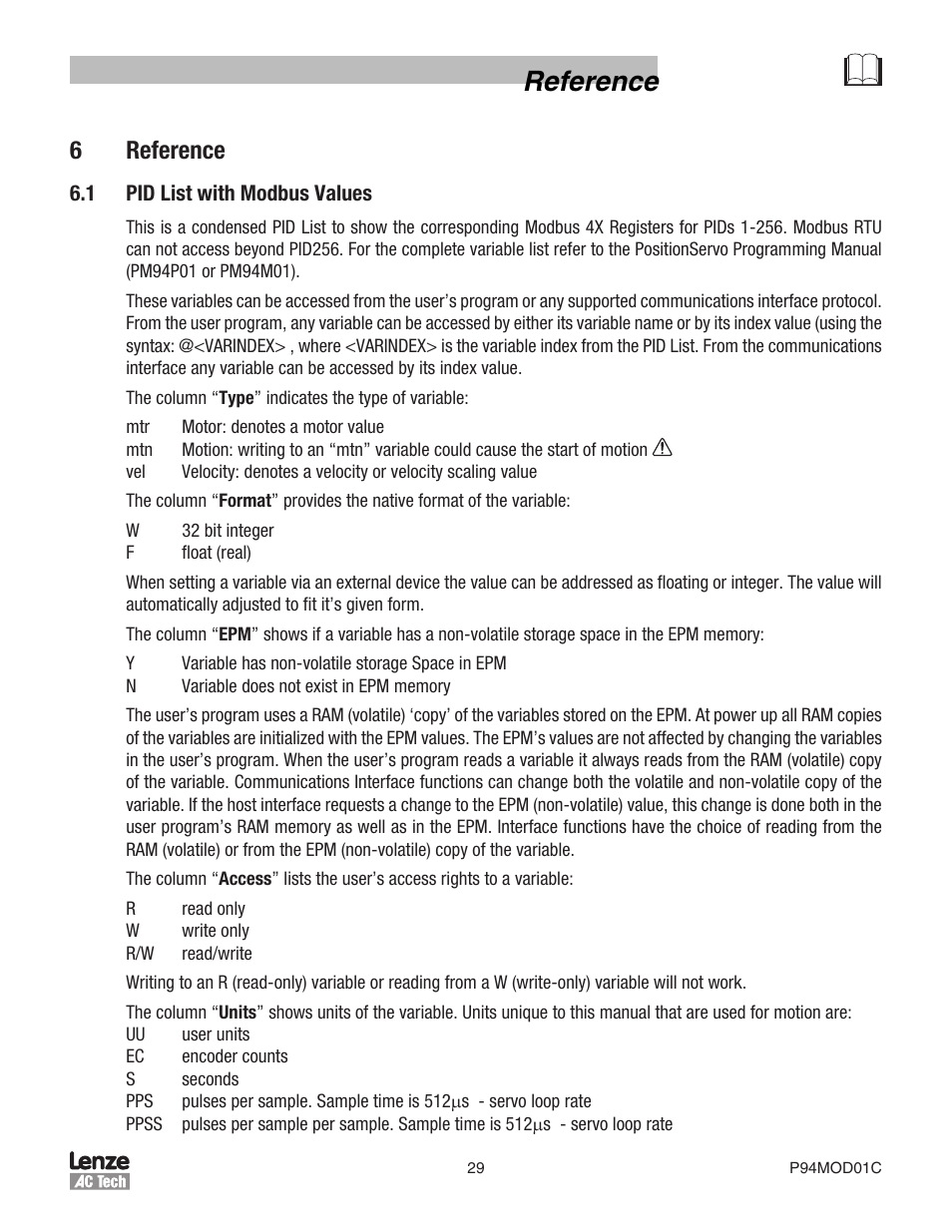 Reference, 6 reference | Lenze E94P PositionServo Modbus User Manual | Page 29 / 38