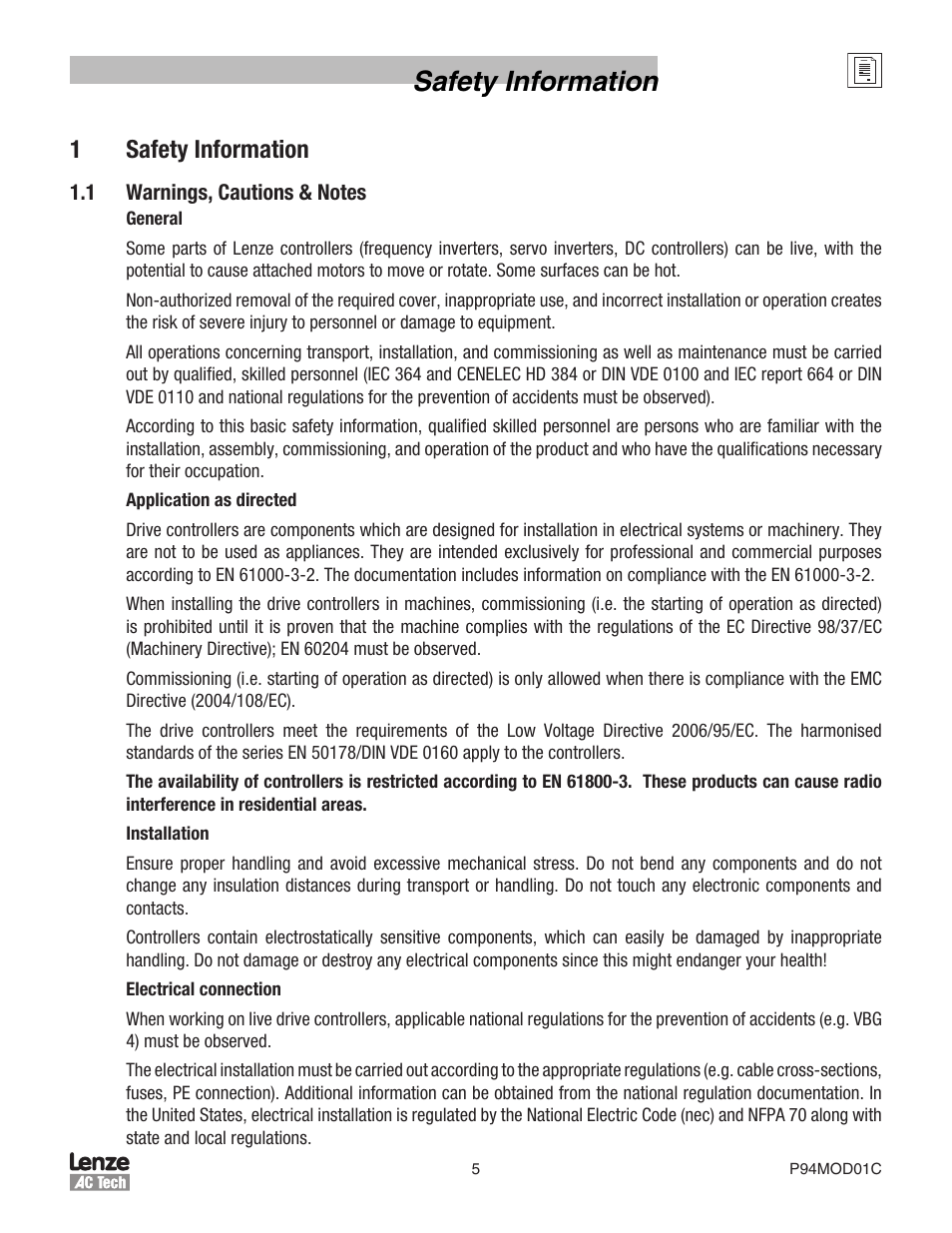 Safety information | Lenze E94P PositionServo Modbus User Manual | Page 5 / 38