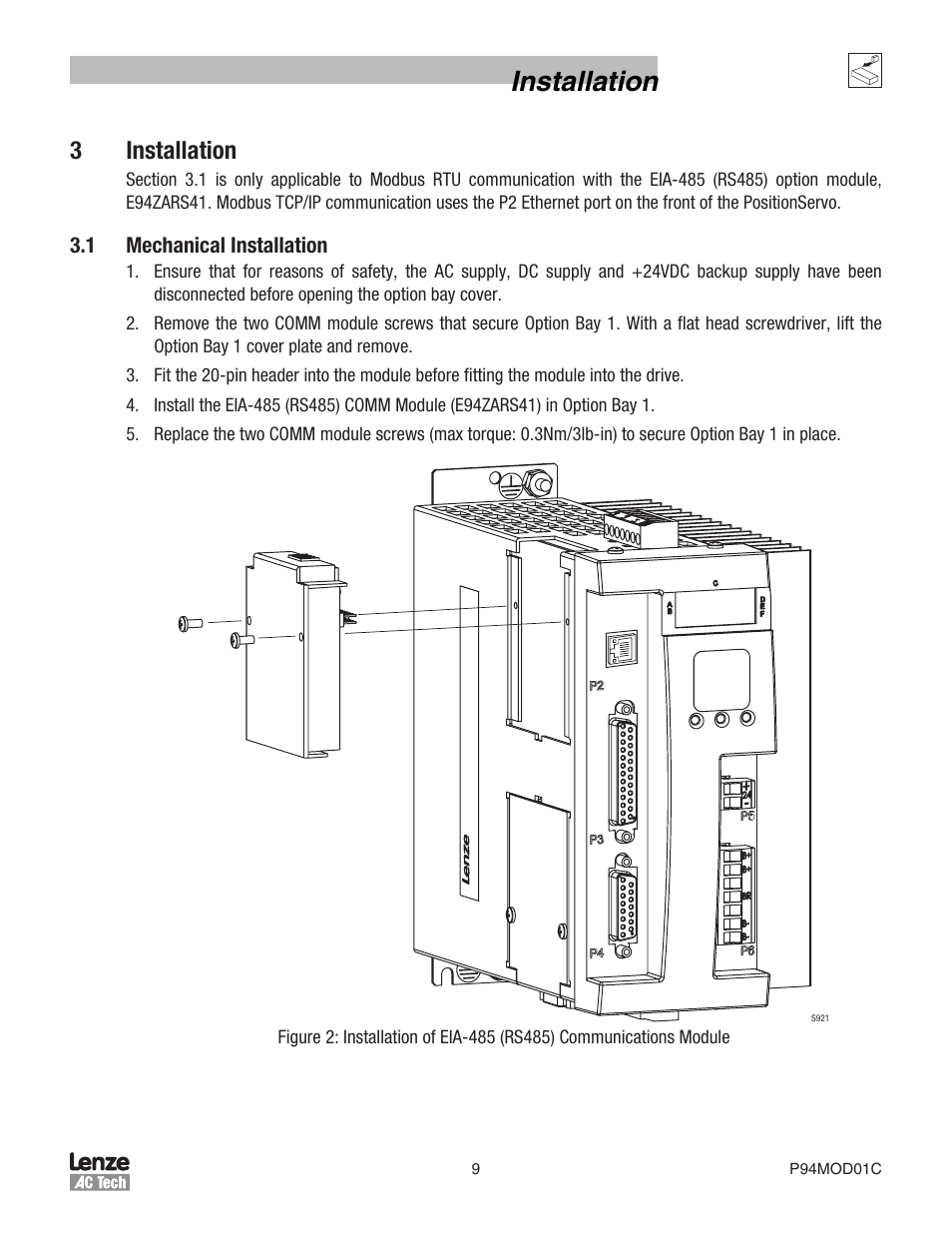 Installation, 3 installation | Lenze E94P PositionServo Modbus User Manual | Page 9 / 38