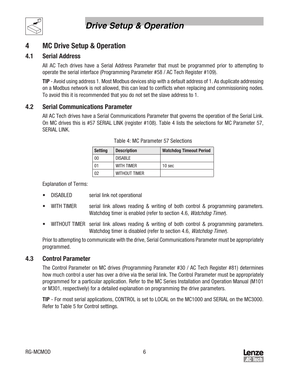 Drive setup & operation, 4mc drive setup & operation | Lenze MC Series Drives Modbus Communications User Manual | Page 10 / 35