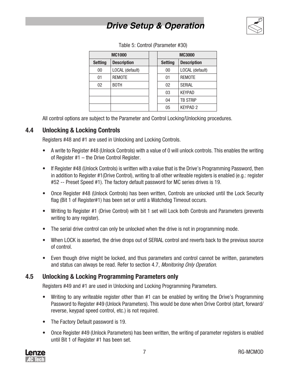 Drive setup & operation, 4 unlocking & locking controls, 5 unlocking & locking programming parameters only | Lenze MC Series Drives Modbus Communications User Manual | Page 11 / 35