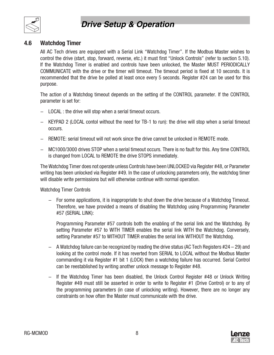 Drive setup & operation | Lenze MC Series Drives Modbus Communications User Manual | Page 12 / 35