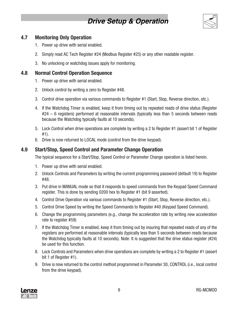 Drive setup & operation | Lenze MC Series Drives Modbus Communications User Manual | Page 13 / 35
