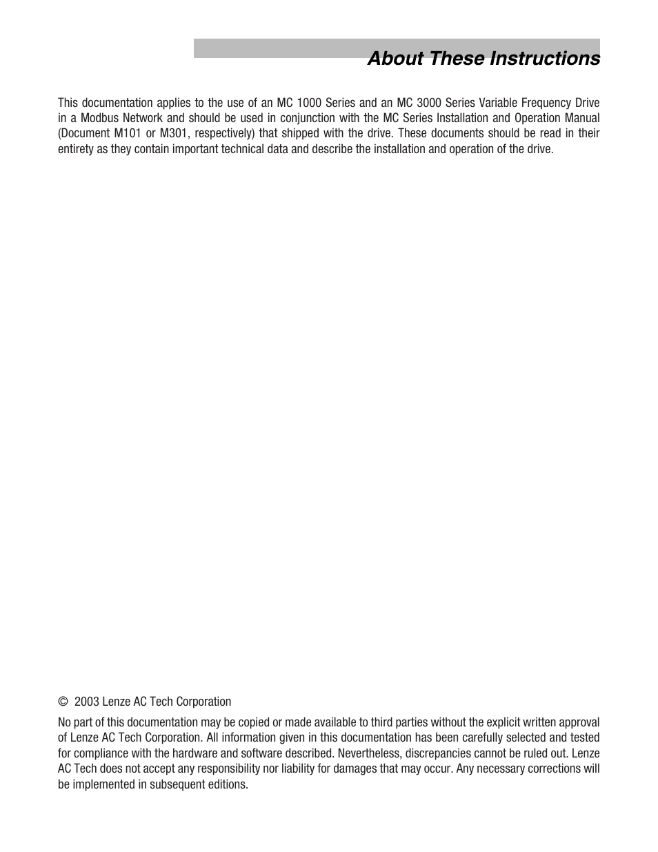 About these instructions | Lenze MC Series Drives Modbus Communications User Manual | Page 2 / 35