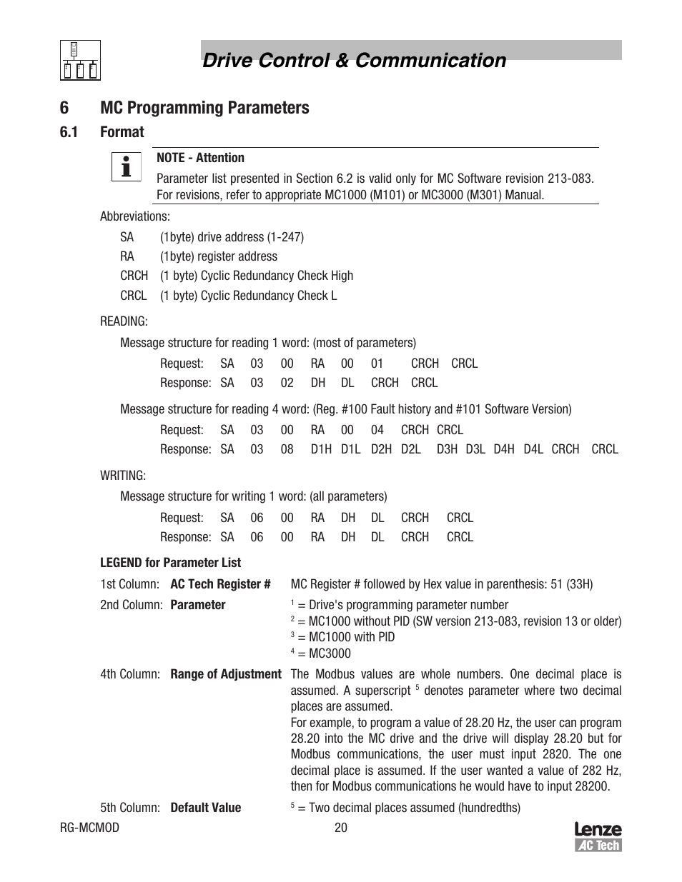 Drive control & communication, 6mc programming parameters, 1 format | Lenze MC Series Drives Modbus Communications User Manual | Page 24 / 35