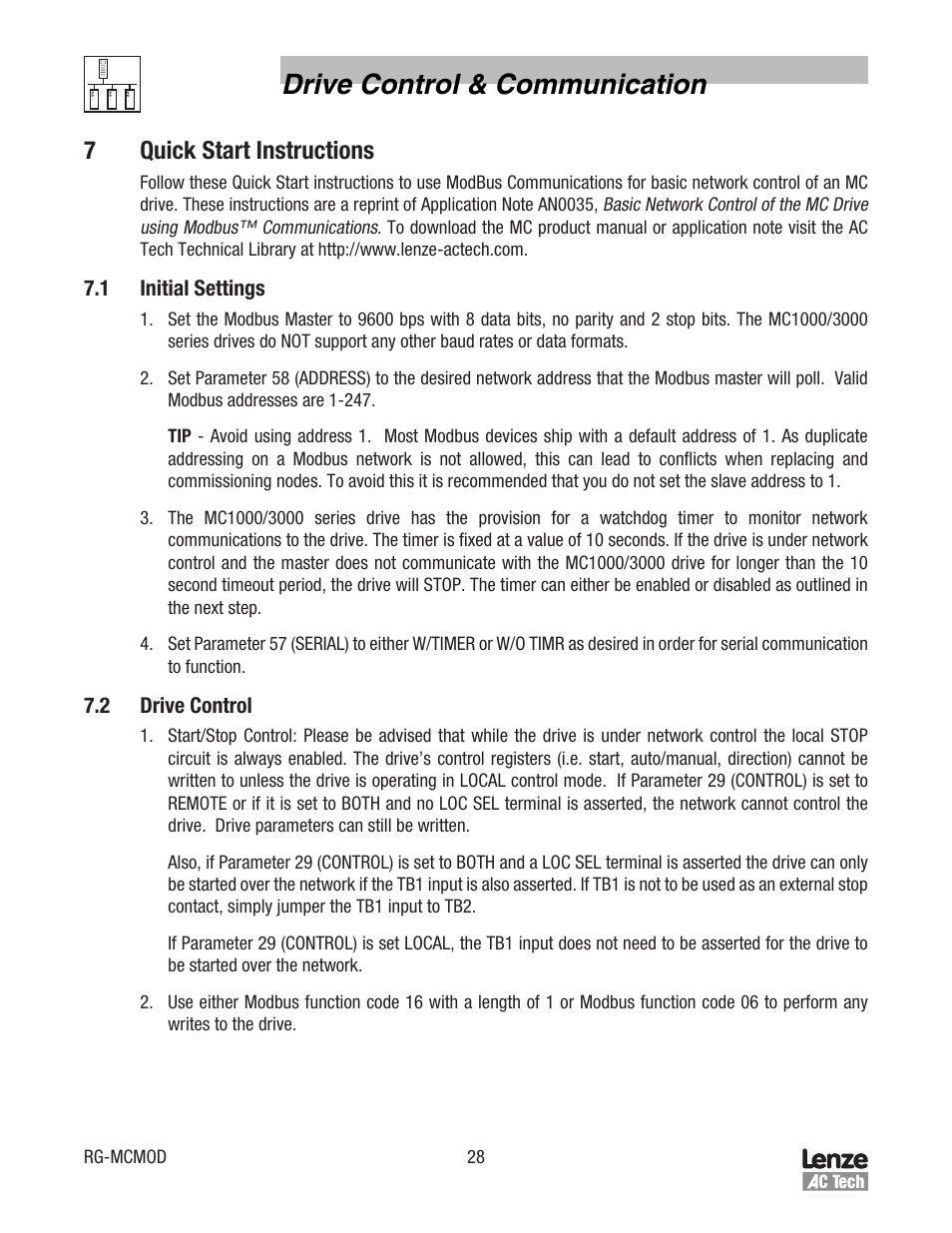 Drive control & communication, 7quick start instructions | Lenze MC Series Drives Modbus Communications User Manual | Page 32 / 35