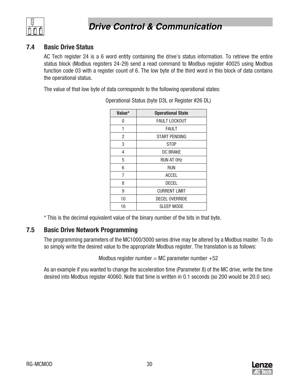 Drive control & communication, 4 basic drive status, 5 basic drive network programming | Lenze MC Series Drives Modbus Communications User Manual | Page 34 / 35