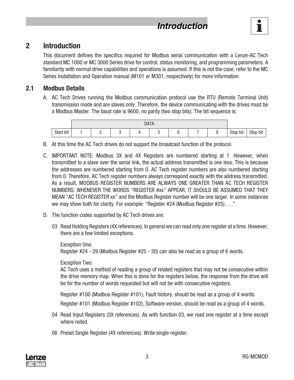 Introduction, 2 introduction, 1 modbus details | Lenze MC Series Drives Modbus Communications User Manual | Page 7 / 35