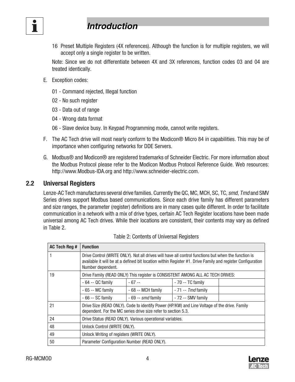 Introduction, 2 universal registers | Lenze MC Series Drives Modbus Communications User Manual | Page 8 / 35