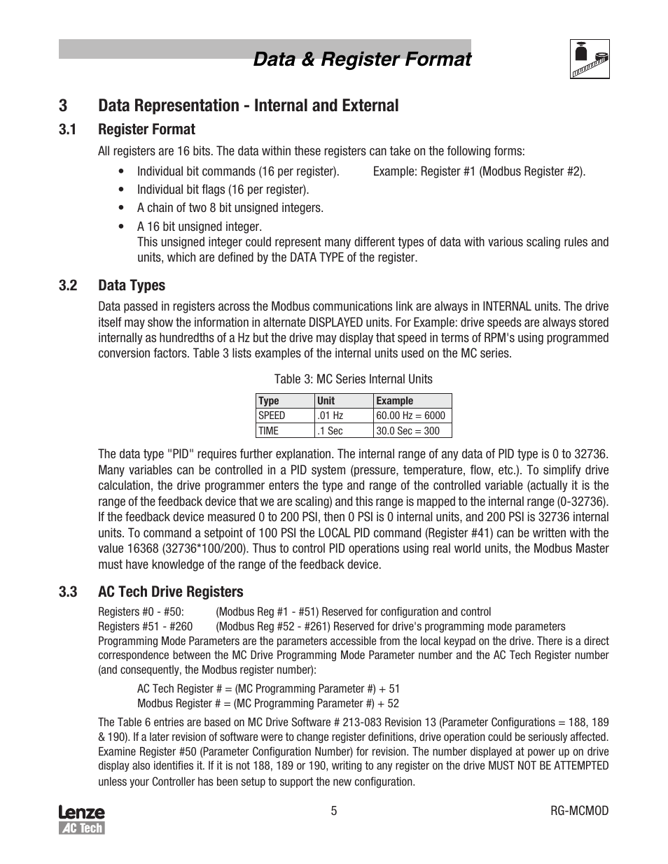 Data & register format, 3data representation - internal and external | Lenze MC Series Drives Modbus Communications User Manual | Page 9 / 35