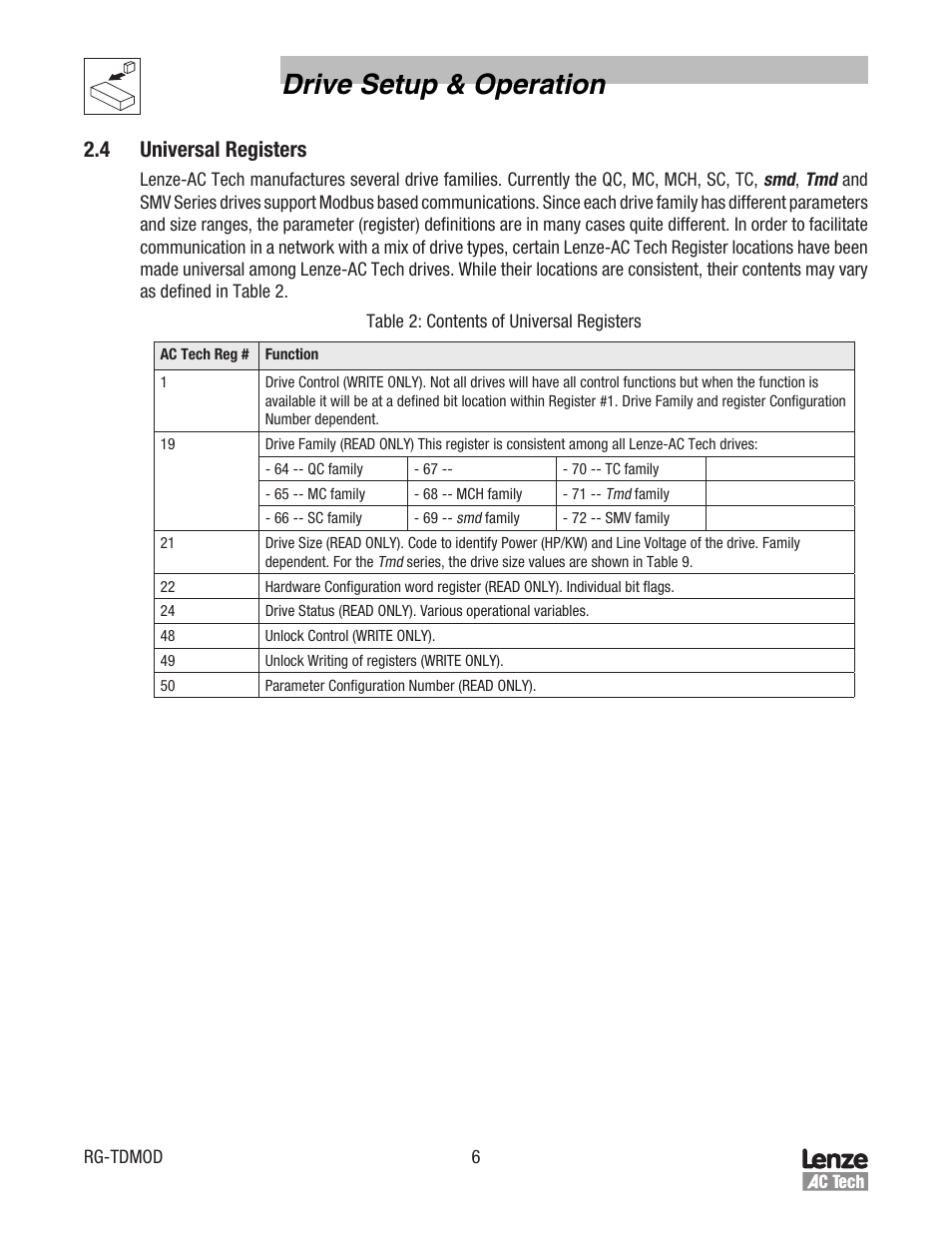 Drive setup & operation, 4 universal registers | Lenze Tmd Series Drives Modbus Communications User Manual | Page 10 / 34