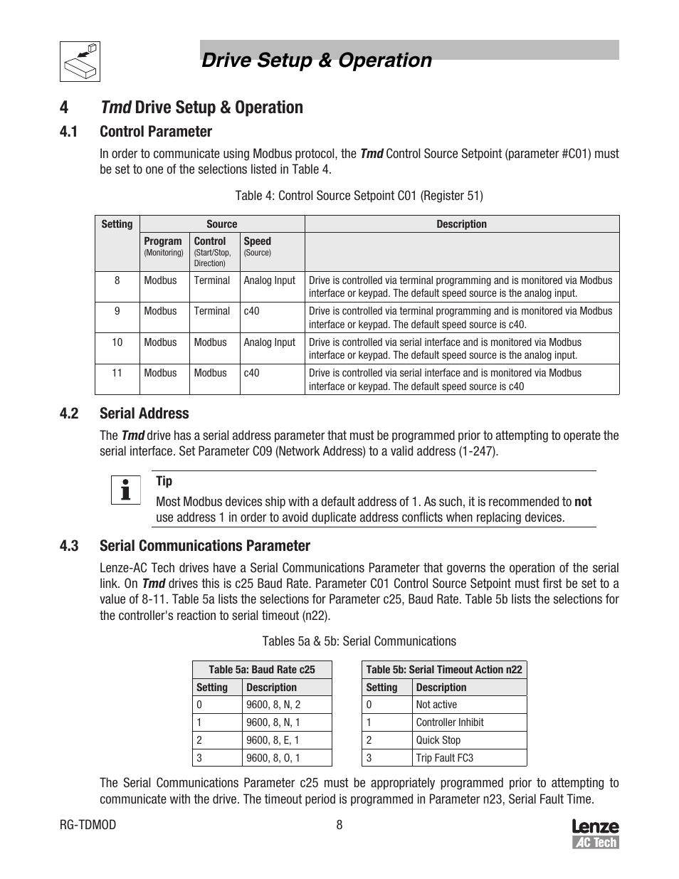 Drive setup & operation, 1 control parameter, 2 serial address | 3 serial communications parameter | Lenze Tmd Series Drives Modbus Communications User Manual | Page 12 / 34